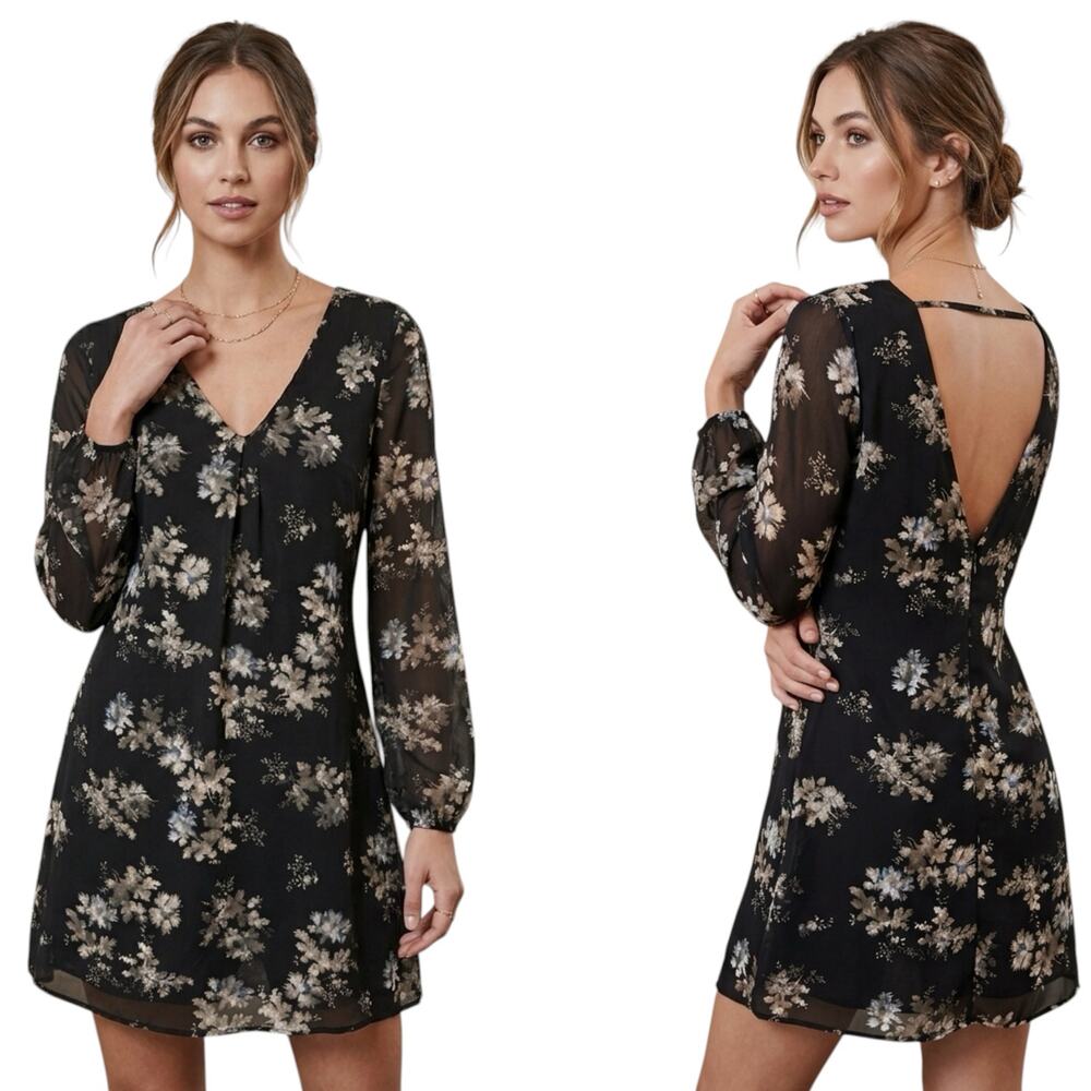 ASTR Anthropologie Black Floral Chiffon V-Neck Open Back Mini Dress Large